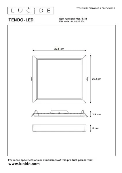 Lucide TENDO-LED - Flush ceiling light - LED - 1x18W 3000K - White - technical